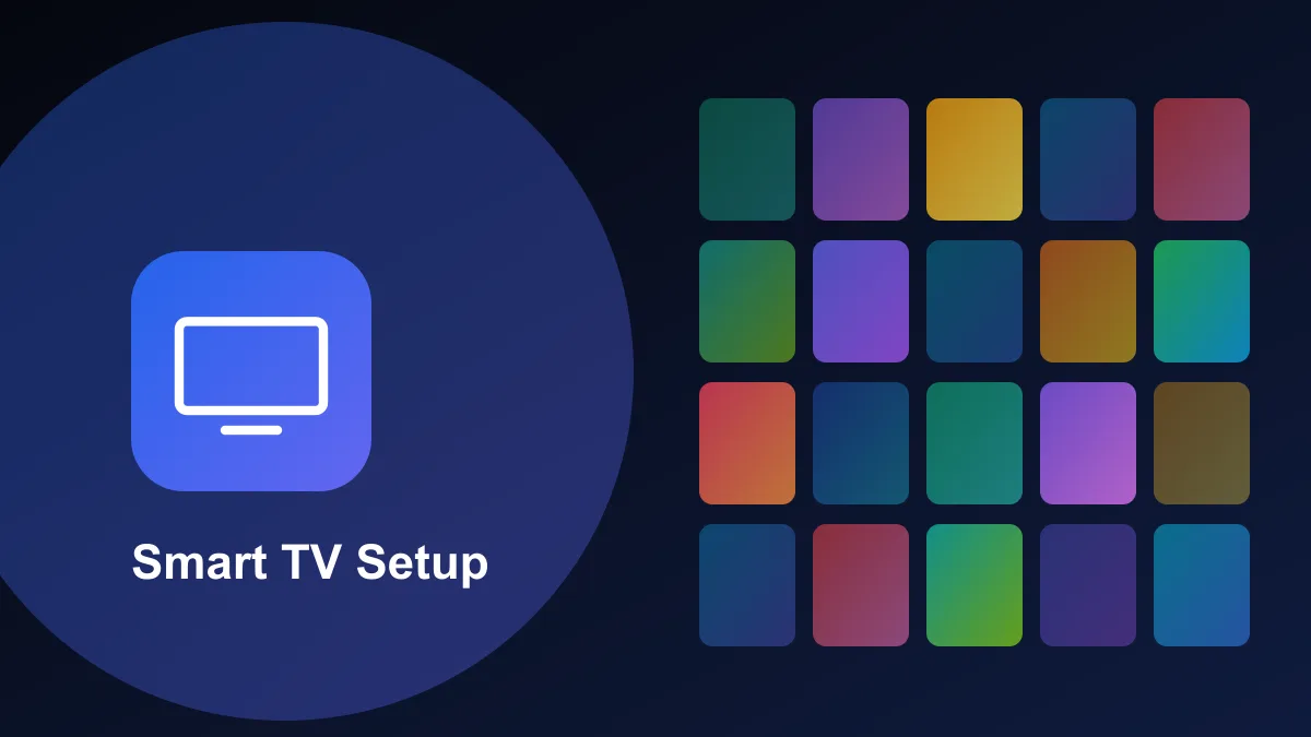 Illustration of a television outline next to a grid of channel tiles