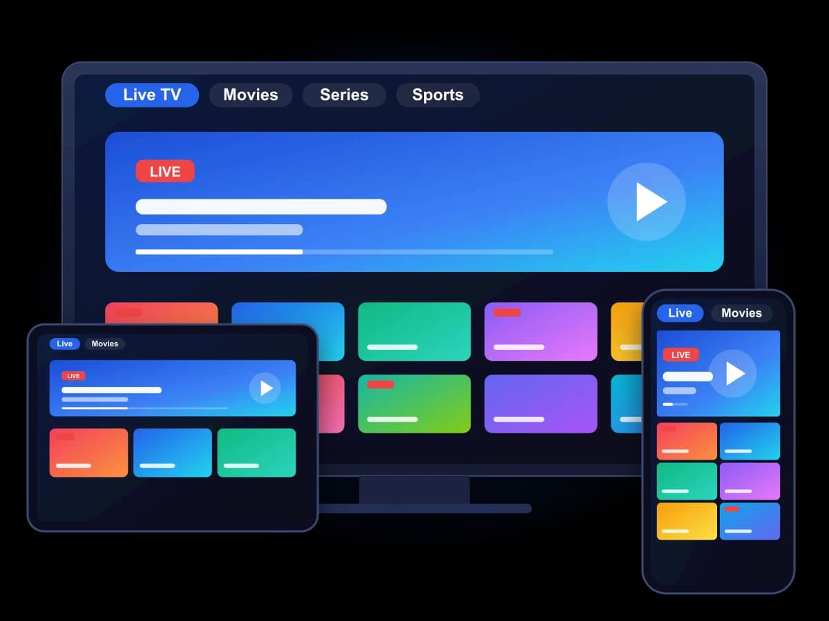 Aplicación de IPTV en un televisor, una tableta y un teléfono, con una cuadrícula de canales de TV en vivo